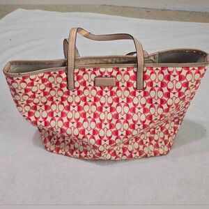 Coach Tote Purse Large Shoulder Bag Signature Red & White Logo Print Leather